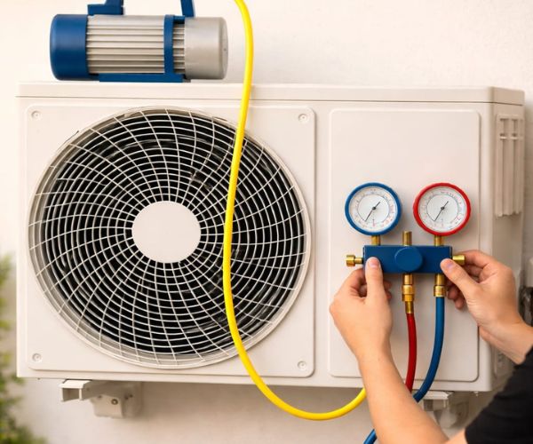 HVAC technician tools and gauges for AC service